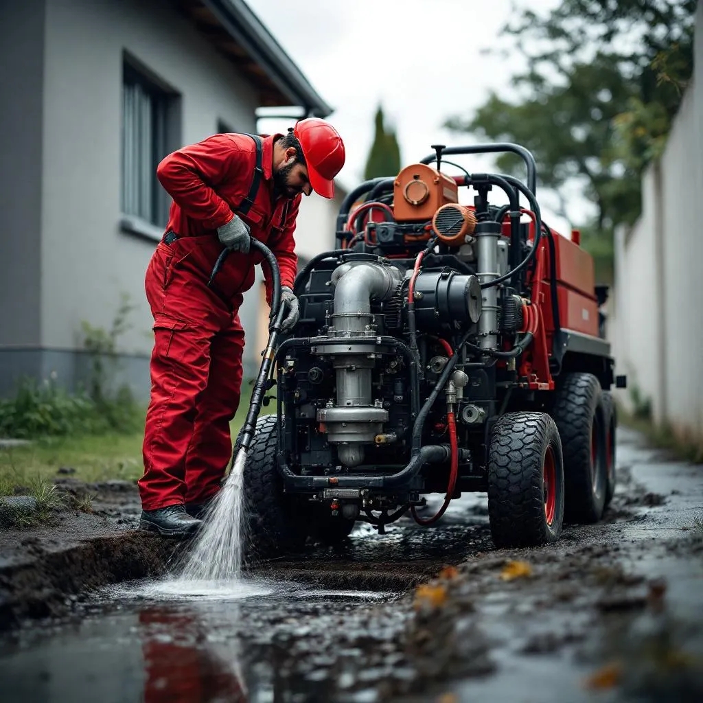 a plumber using a hydro drain jetting machine to unblock a drain in pretoria